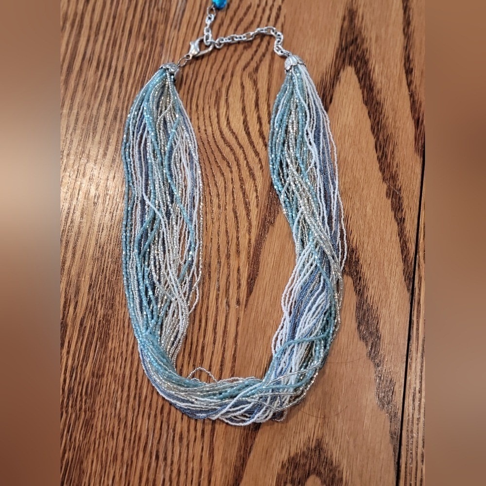 Blue White Silver Multi Strand Seed Bead Necklace with Heart Charm Extender 23"